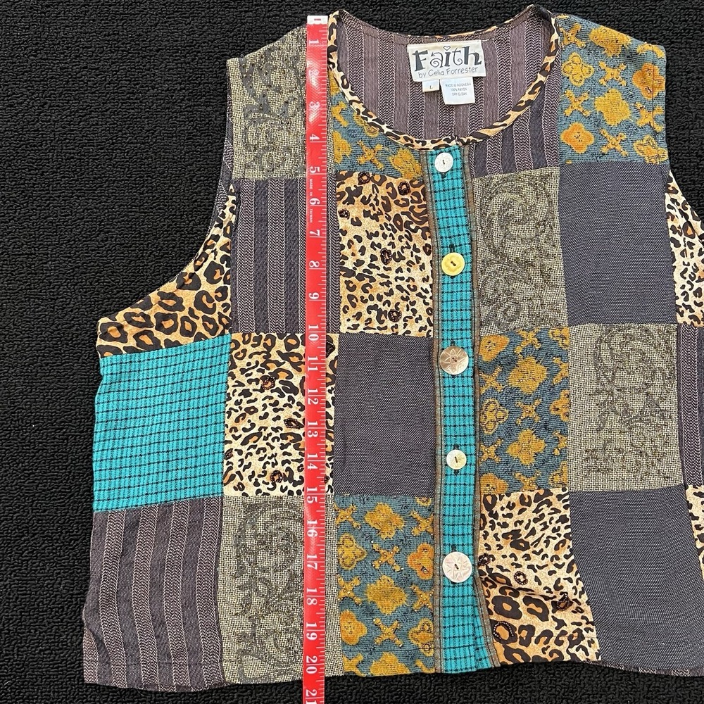 Faith Celia Forrester Vest L Patchwork Mixed Print Boho Artsy Unique Whimsy - Picture 6 of 8